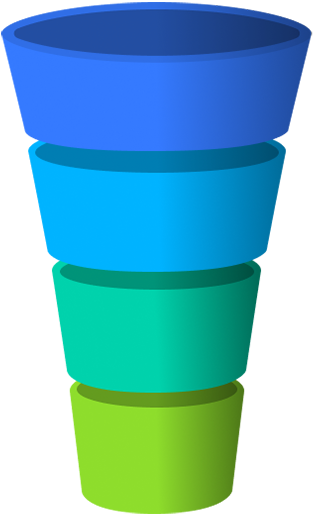 Four-tier funnel graphic with stacked blue-to-green sections representing a lead generation funnel.