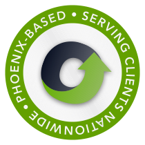 Circular badge reading “Phoenix-based • Serving Clients Nationwide” with a green upward arrow inside the center icon.