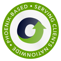 Circular badge reading “Phoenix-based • Serving Clients Nationwide” with a green upward arrow inside the center icon.