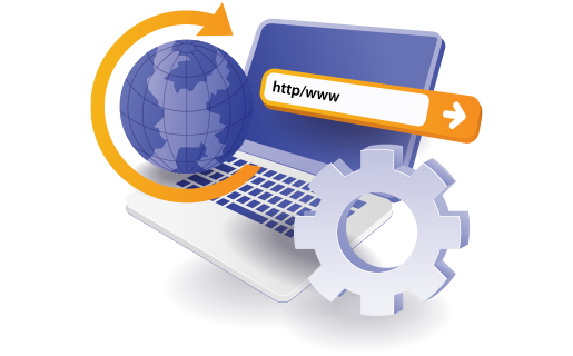 Laptop with URL bar, globe, gear, and arrow loop representing SEO and paid media management.