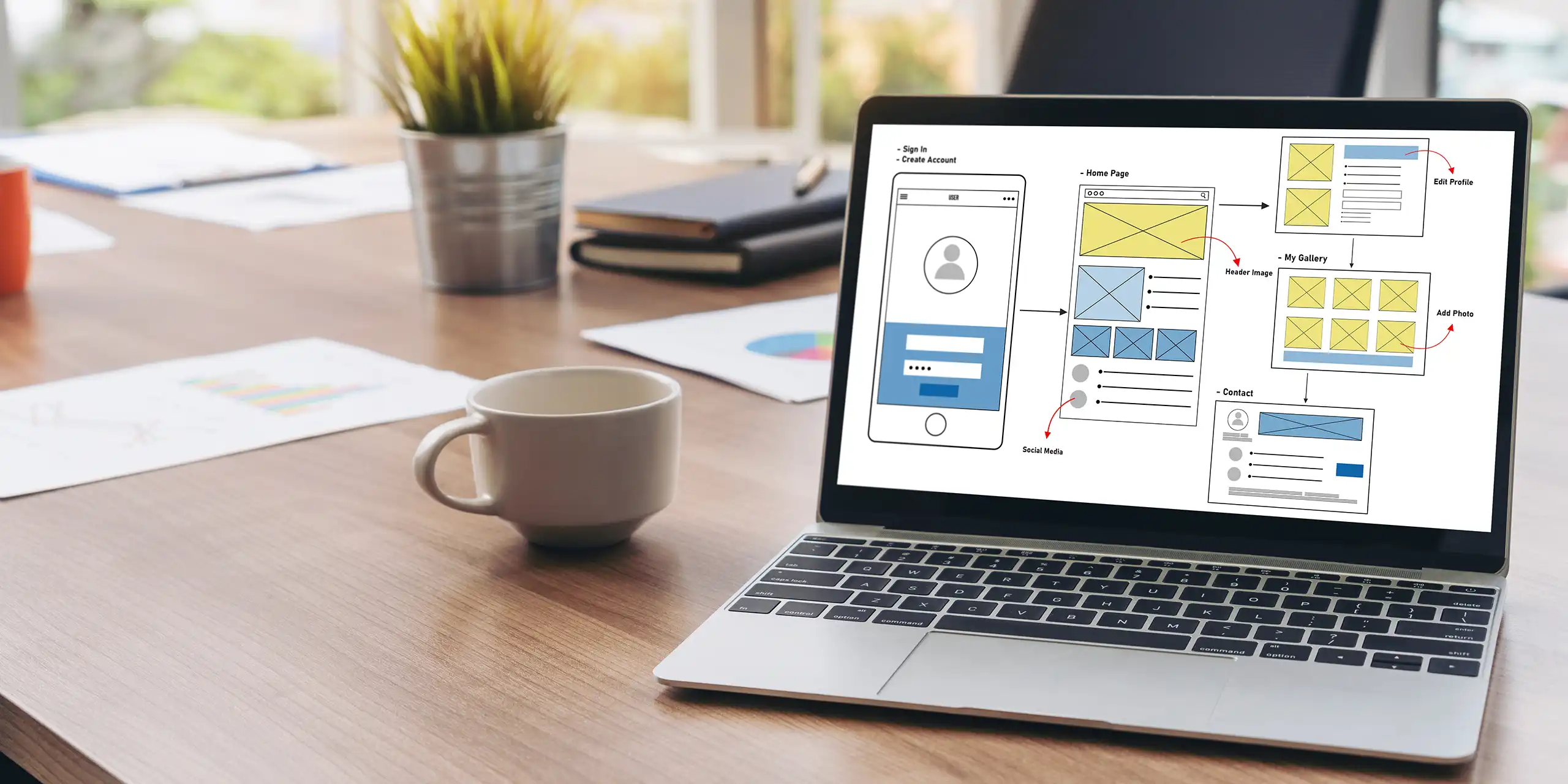 Laptop showing a website wireframe and UX layout—website design and development planning.