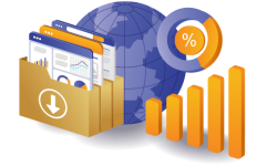 Analytics dashboards and reports with globe, percentage ring, and rising bar chart.