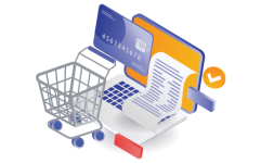 Online shopping cart with laptop, credit card, and receipt representing ecommerce checkout.