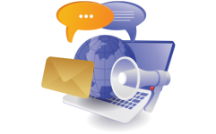 Laptop with globe, envelope, chat bubbles, and megaphone representing email and content marketing.