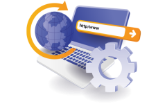 Laptop with URL bar, globe, gear, and arrow loop representing SEO and paid media management.