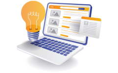 Laptop with web page layout and lightbulb representing website design and content layout.